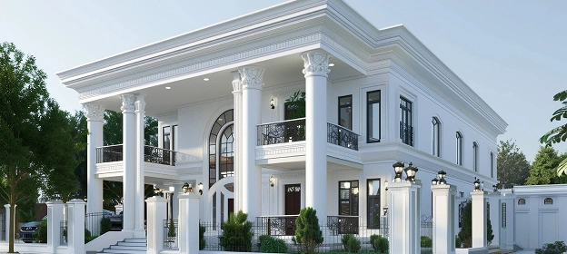 Elegante witte villa met grote kolommen, gebogen ramen en verzorgde struiken. De twee verdiepingen tellende structuur straalt verfijning en weelde uit onder een heldere lucht.