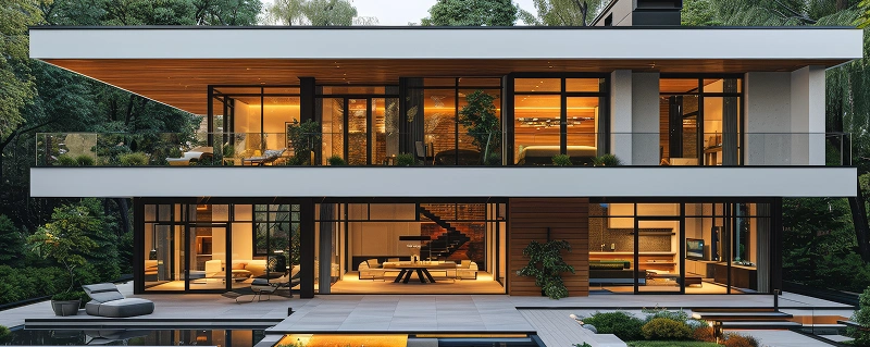 Modern two-story glass house with warm interior lighting, surrounded by lush greenery. Features include a patio, pool, and stylish furnishings