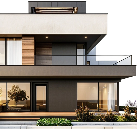 Moderne twee verdiepingen tellende woning met plat dak, grote glazen ramen en houten accenten. Omgeven door minimale beplanting en een kleine boom aan de voorkant.